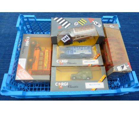 CORGI 5 'PLASTIC' BOXED MODELS INC B TYPE BUS, MINOR VAN, THORNEYCROFT ETC