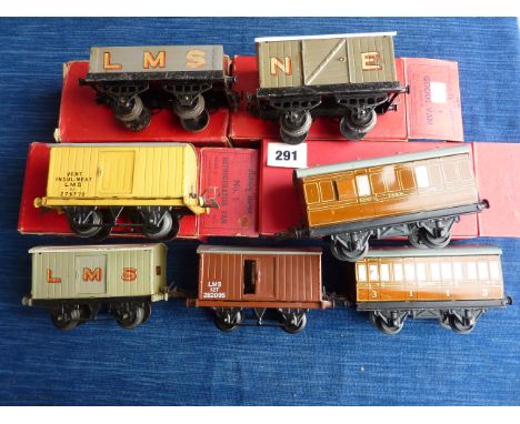 HORNBY 0 GAUGE WAGONS INC: NE GOODS VAN OPEN SPRINGS R/T ROOF, BOXED, LMS COAL WAGON OPEN SPRINGS, NO 1 REFRIGERATOR VAN LMS,