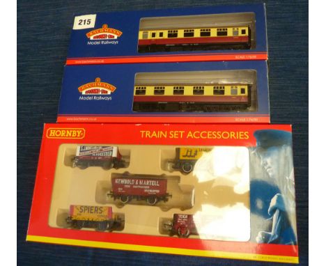 BACHMANN 2 BOXED COACHES 39-240 BE MK 1 FO IN CARMINE &amp; CREAM AND 39-077F BSK SIMILAR LIVERY, T/W HORNBY BOXED WAGON PACK