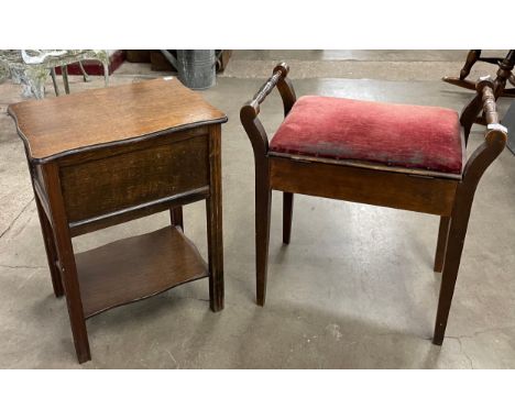 An early 20th Century beech piano stool and a small oak lady's sewing table 