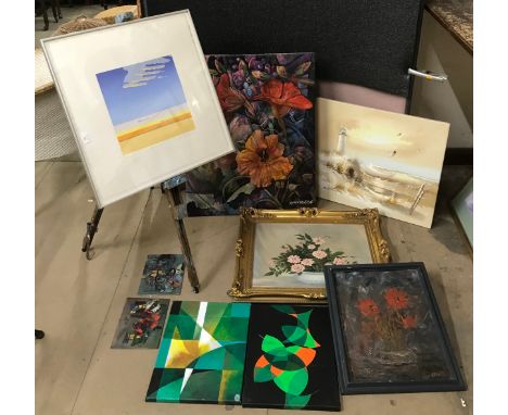 Assorted paintings, prints and an easel