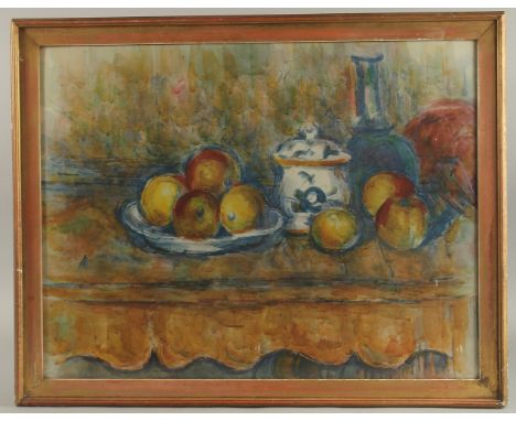 GEORGE WEISSBORT (1928 - 2013). Still Life. Apples pear and blue decanter on a shelf. Watercolour. 18.5" x 23.5" (47 x 60cms)