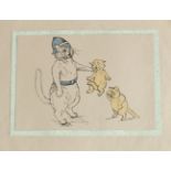 After Louis Wain, a hand-coloured print of three cats, 5.25" x 7.5" (13 x 19cm), (unframed).