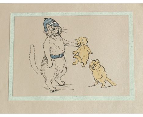 After Louis Wain, a hand-coloured print of three cats, 5.25" x 7.5" (13 x 19cm), (unframed).