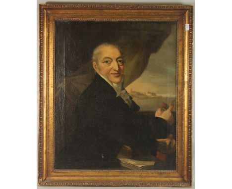 EARLY 20TH CENTURY ENGLISH SCHOOL. Portrait head and shoulders of a gentleman with a distant town view, oil on canvas. See in