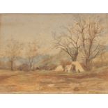 Circa 1893, a view of camps in a Continental alpine valley, inscribed verso 'Carbiniere Marche