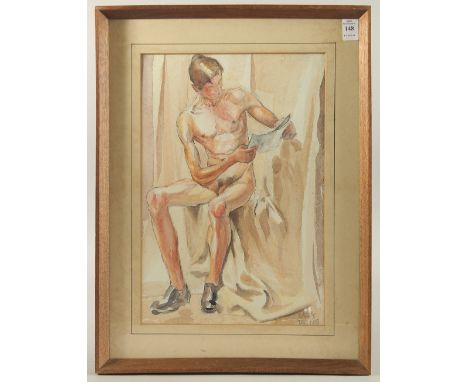 BATY. A study of a seated male nude, pencil and watercolour. Signed and dated Dec. 1935. 15" x 10" (38 x 25cms).