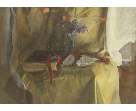 GEORGE WEISSBORT (1928 - 2013). Still Life. A shell, a vase of flowers and a book on a shelf. Unframed, canvas on board. 13" 