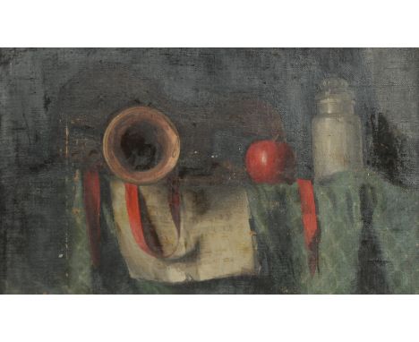 GEORGE WEISSBORT (1928 - 2013). Still Life. A tomato and jar on a shelf. Unframed, canvas on board. 13" x 22" (33 x 56cms).