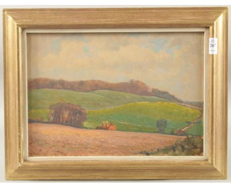 R. M. HUGHES. Combine harvester in the field, oil on board. Monogrammed R. M. H. 9.5" x 13.5" (24 x 34cms).