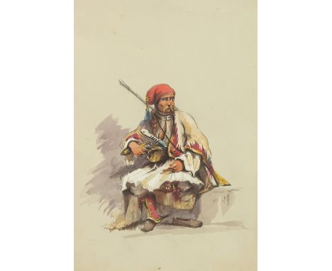 Attributed to Amadeo Preziosi, an Ottoman warrior, watercolour heightened with white gouache and with touches of pencil, 11.2
