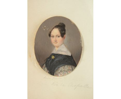 19TH CENTURY FRENCH SCHOOL. Bust Portrait of a Lady, watercolour. Inscribed on mount "Aix La Chapelle" in pencil, oval, 2.3" 