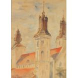 Continental School, Circa 1951, a study of church towers, watercolour, signed with initials and