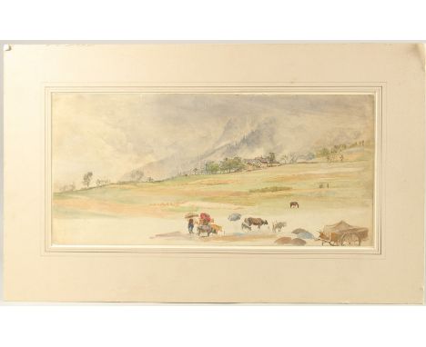 James Duffield Harding (1793-1863) 'Near Lucerne, Switzerland',  figures holding parasols with cattle and cart a mountain lan