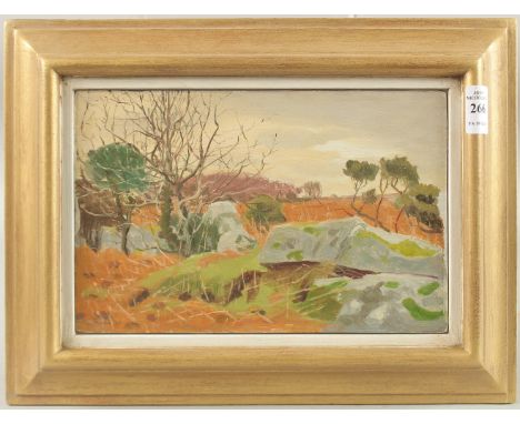 R. M. HUGHES. A ruined landscape, oil on board. Monogrammed R. M. H. 6" x 9.5" (15 x 23cms).