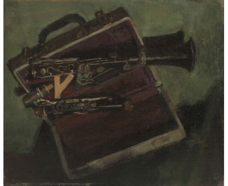 GEORGE WEISSBORT (1928 - 2013). A musical instrument and case. Unframed, canvas on board. 12" x 14" (30 x 36cms).