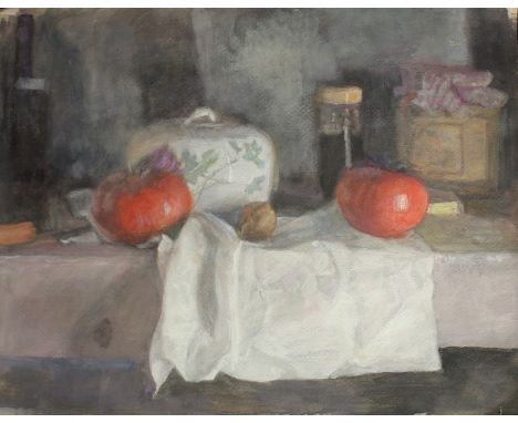 GEORGE WEISSBORT (1928 - 2013). Pomegranate, walnut and butter dish on a shelf. Watercolour, unframed. 10" x 12.5" (25 x 32cm