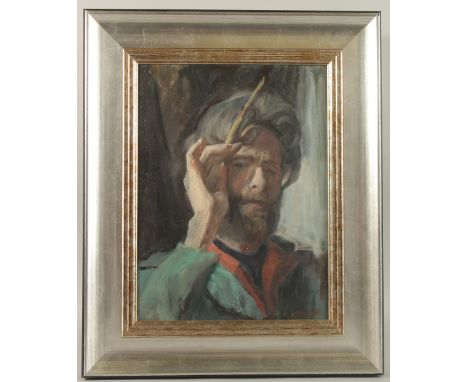 GEORGE WEISSBORT (1928 - 2013). Self portrait holding a paint brush. Signed. Board. 15" x 11" (38 x 28cms).