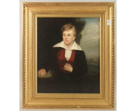 JOHN MADDISON. A portrait, three-quarter length, of a young boy in a landscape, oil on canvas. 18" x 24" (46 x 61cms), in a g