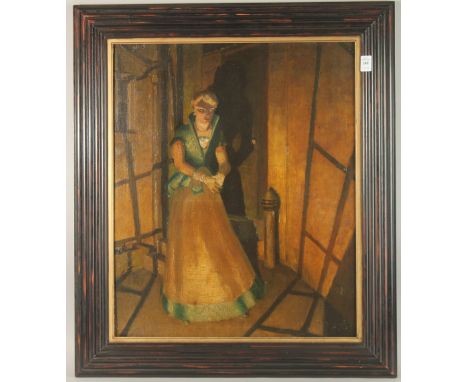 19TH CENTURY ENGLISH SCHOOL. Full length portrait of a lady at the top of the stairs, oil on panel. 23" x 19" (59 x 48cms), i