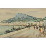 20th Century European School. A Mediterranean harbour scene with moored boats and figures,
