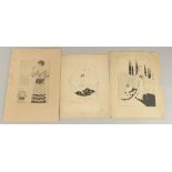 Circle of George Wolfe Plank, an ink drawing of an elegant female figure with two peacocks, image