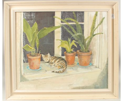 BRIAN WILSON (20TH CENTURY). A cat resting amongst flowerpots on a windowsill, oil on canvas. Signed, 20" x 24" (51 x 61cm).