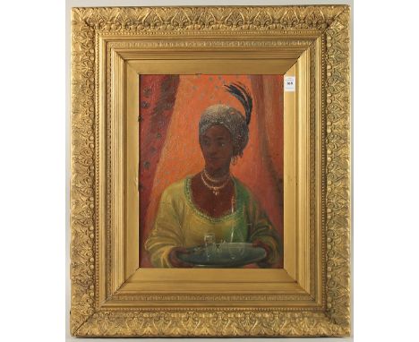 19TH CENTURY. A portrait of an Eastern young lady, half length, holding a bowl, oil on board. 15.5" x 12" (40 x 30cms).
