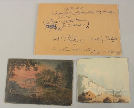 Circle of William Payne, study of a village church at sunset, watercolour, 3.25" x 5", (8.5x12.5cm) unframed, along with anot