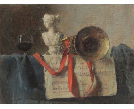 GEORGE WEISSBORT (1928 - 2013). Still Life. A Parian bust, a glass of wine and a bugle. Unframed, canvas on board. 10.5" x 13