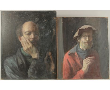 GEORGE WEISSBORT (1928 - 2013). Two portrait studies of the artist. Unframed, canvas on board. 21.5" x 22" (55 x 56cms) and 2