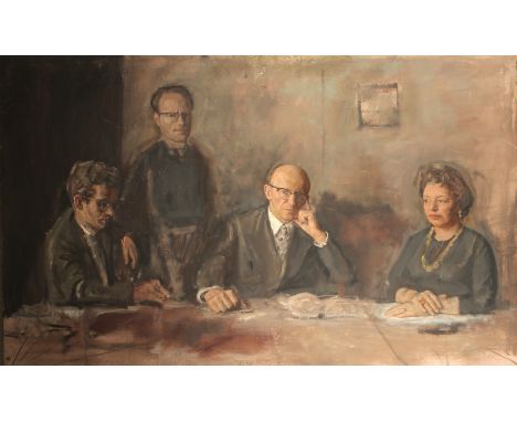 GEORGE WEISSBORT (1928 - 2013). A family portrait seated around a table. Unframed, oil on canvas, 40" x 64" (102 x 163cm).