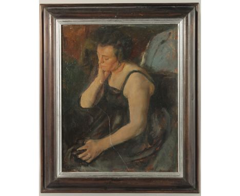 GEORGE WEISSBORT (1928 - 2013). Portrait of a lady sitting in a chair. Board. 18" x 14" (48 x 36cms).