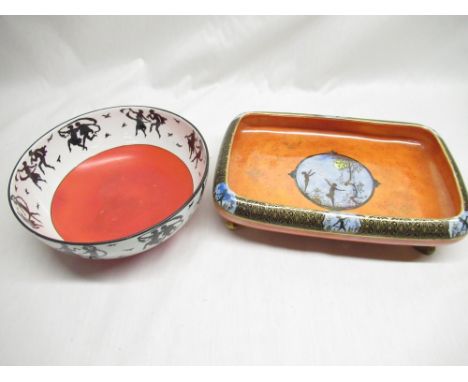 W &amp; R Carlton Ware orange lustre fairy land bowl, with hand painted circular panel on gilt scroll feet W33cm D23cm, W &am