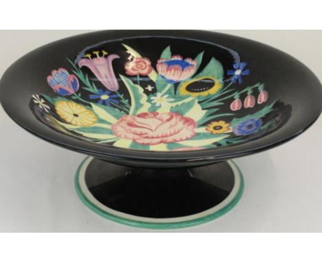 1930s Lenci Art Deco pedestal fruit bowl decorated with abstract polychrome flower bouquet on a gloss black ground, D37cm, H1