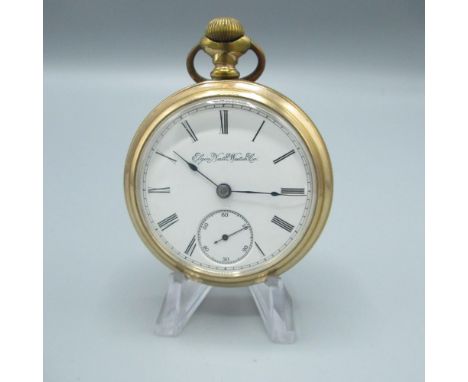 Elgin rolled gold open faced keyless wound and set pocket watch, with signed white enamel Roman dial, screw off bezel and bac