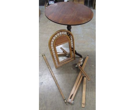 Mahogany tripod tea table, bamboo framed mirror, Thai snooker cue in the form of a walking stick and an easel 