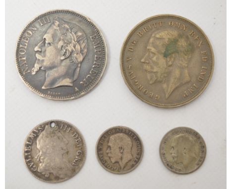 Collection of silver coins to include Napoleon III 1867 5 Franc, George V 1935 Rocking Horse Crown, a pierced George III shil