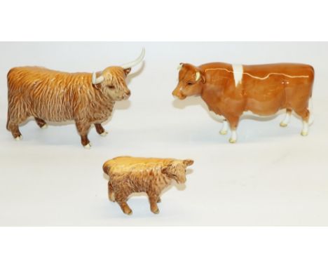 Beswick Highland Cow model 1730, with calf model 1827D, and a Beswick Guernsey bull CH Sabrina's Sir Richmond (3) 