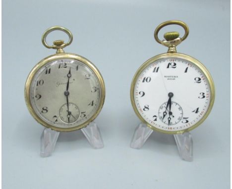 Grosvenor 1930s rolled gold open face keyless wound and set pocket watch, with silvered engine turned Arabic dial, case back 