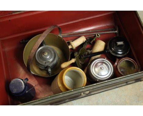 Vintage 'Magic' marmalade cutter, a Judges Brand 2 pint enamel saucepan and lid, a brass jam pan with steel lid and other vin