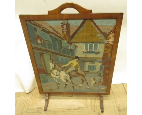 1930s walnut framed fire screen with wool work panel 