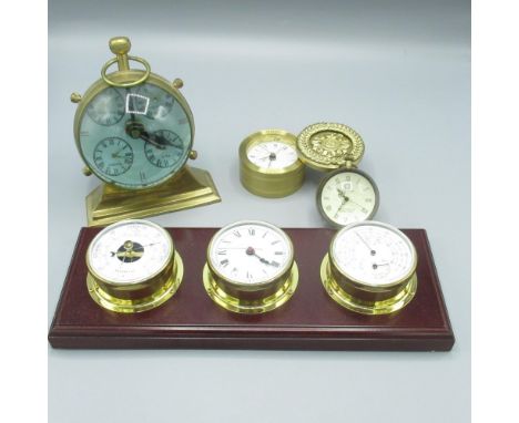 C20th brass cased quartz ball desk clock set with multiple time zones, 8 day brass cased ball clock, wall mounted combination