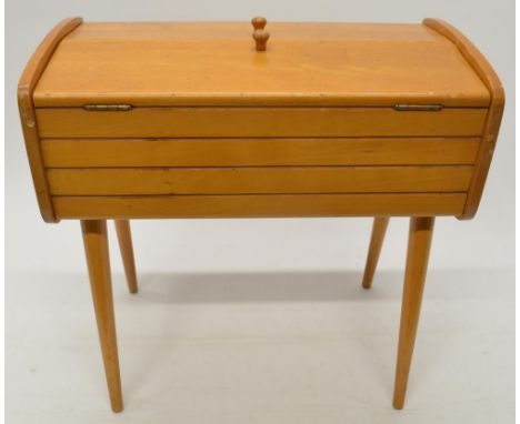 Vintage beech folding top sewing box with removeable tapered legs and extra tray 