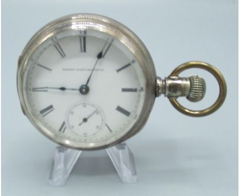 Elgin sterling cased open faced keyless wound and set pocket watch, signed white Roman enamel dial, signed movement numbered 