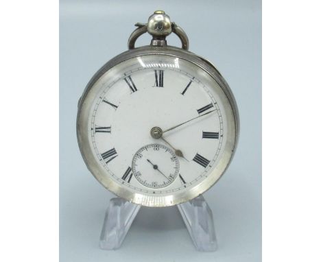 Victorian silver open face keyless wound and set pocket watch, white enamel Roman dial with subsidiary seconds, full plate fu