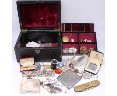 Jewellery box containing a collection of costume jewellery and other items including necklaces, brooches, a Ronson Varaflame 