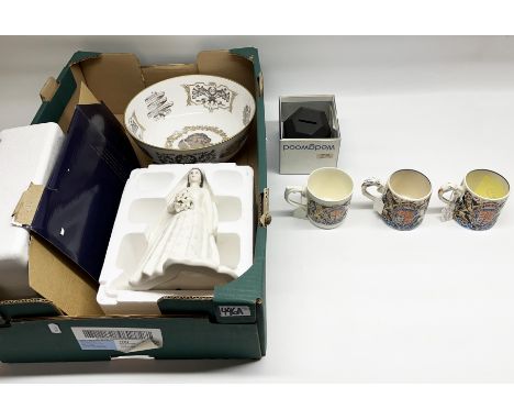 Laura Knight coronation mugs, H8cm (3), Wedgwood black basalt Prince of Wales money box, Royal Worcester bowl 'Golden Jubilee