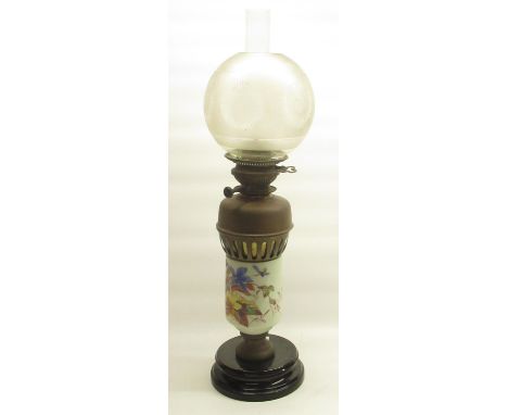 Late 19th century oil lamp with globular glass shade, cylindrical body hand painted with floral decoration, on stepped circul