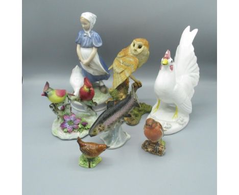 Royal Copenhagen model of a Goose girl,  painted no. 527, H24cm, Beswick Robin no. 980, H8cm, Beswick Wren impressed no. 266,